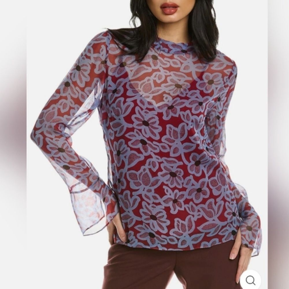 Rebecca Taylor 100% silk Vera Fleur Mock Neck Sheer Floral Red Blue blouse sz 6